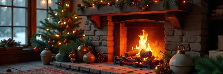 Cozy fireplace decorated with glowing embers, flickering flames, and rustic mantelpiece ornaments for a warm and inviting atmosphere Perfect for holiday or winter themes , chimney, burning