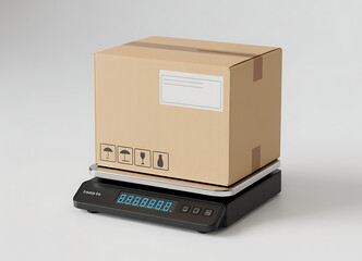 Cardboard box placed on a digital scale for shipping and weighing