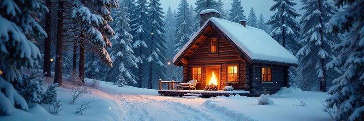Cozy cabin nestled in a snowy landscape, windows frosted, fireplace glowing warmly inside, offering a peaceful winter escape , winter, quiet, peaceful