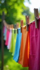 Colorful clothespins securing vibrant laundry on a rustic wooden clothesline outdoors, bathed in sunlight A charming summer scene with cheerful colors and natural textures , rural, garden
