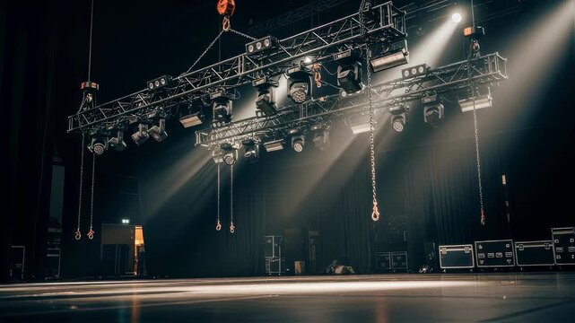 Slow pan across an empty concert stage featuring chain hoists in action holding up the overhead truss with lighting rigs.