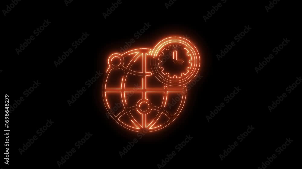 Poster glowing globe and clock icon animation representing global time and international coordination