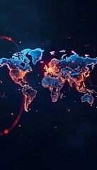 Global network connections visualized as glowing lines and nodes connecting across a world map, illustrating international communication and interconnectedness , digital world, worldwide network