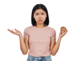 Skeptical young woman contemplates a suspicious pastry, a culinary dilemma on a transparent