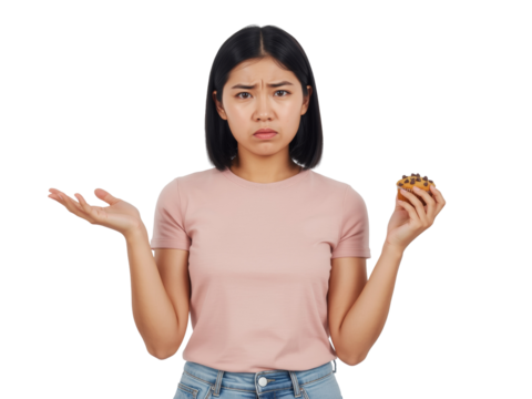 Skeptical young woman contemplates a suspicious pastry, a culinary dilemma on a transparent