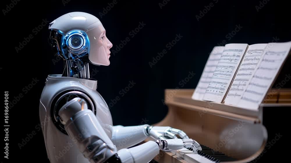 Poster advanced humanoid robot demonstrates precision and artistry while playing classical piano, mechanica