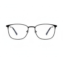Elegant black metal frame glasses with transparent lenses, reflecting a minimalist and modern style on a crisp white backdrop showcasing eyewear design