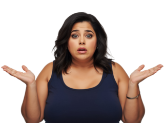 Woman expressing confusion with outstretched hands against transparent backdrop