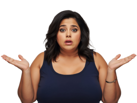 Woman expressing confusion with outstretched hands against transparent backdrop