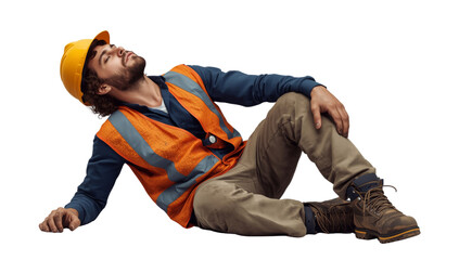 Construction worker takes break, isolated and transparent background, seeking rest on transparent