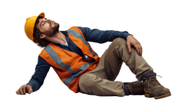 Construction worker takes break, isolated and transparent background, seeking rest on transparent