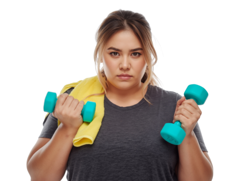 Determined woman with dumbbells in hand, ready to start her fitness journey on a transparent