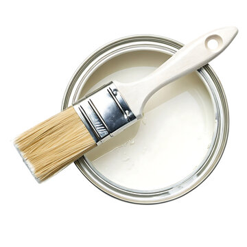 Top-Down View of a Paint Brush Lying Across an Open Can of White Paint on a Solid Background

