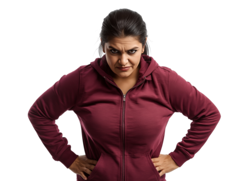 Intense stare of a determined woman in hooded jacket against isolated backdrop