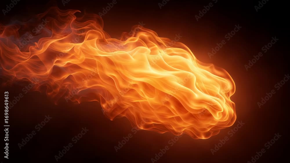 Poster intense fiery visualization capturing organic fluid motion with vibrant orange luminescence against 