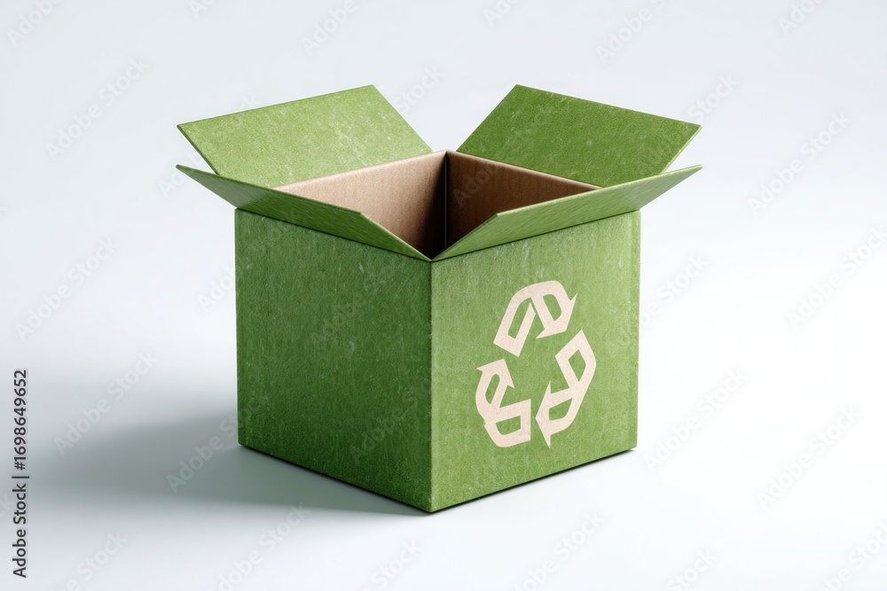 Aufkleber a green cardboard box with an open lid displays a simple recyclable symbol on its side, emphasizing 