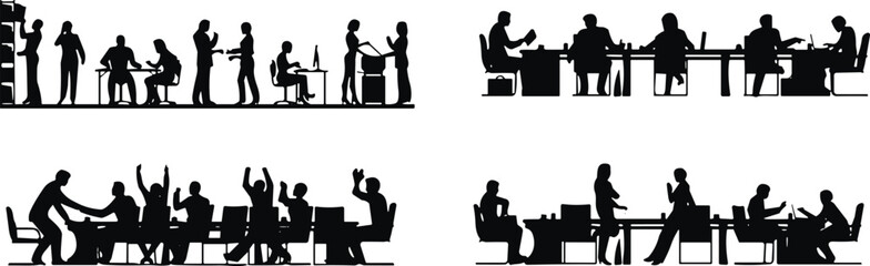 Silhouette vector illustration of business people in meetings, coworking, office teamwork, corporate brainstorming, and professional workplace collaboration scenes