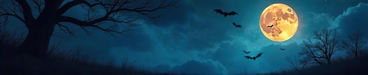 Spooky Halloween night, dark background with cobwebs, bats, and a full moon creating an eerie atmosphere perfect for your Halloween projects , scary, halloween vibe