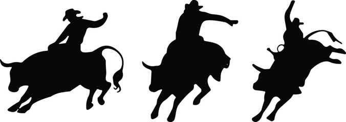 Silhouette vector illustration of bull riding cowboy, rodeo sport, wild west, cowboy hat, action, dynamic movement, western culture, rodeo competition