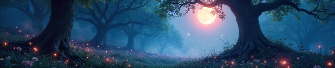 Enchanted forest bathed in ethereal moonlight, glowing flora, mystical fog swirling around ancient trees, creating a dreamlike, magical atmosphere perfect for fantasy projects , whimsical, rays