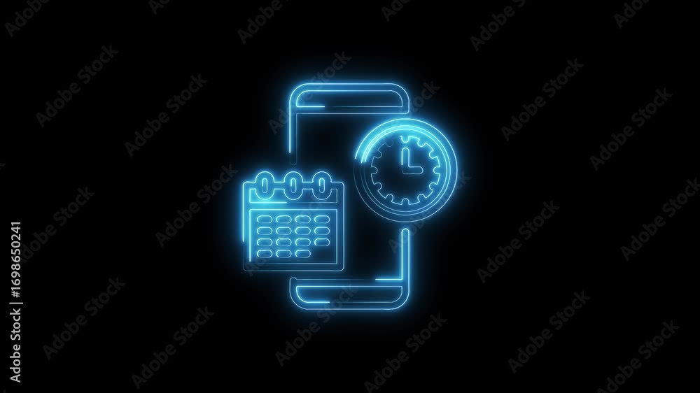 Poster glowing neon mobile app icon with calendar and clock on black background animation