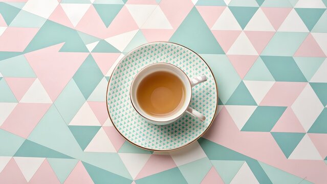overhead view of teacup on geometric pastel background
