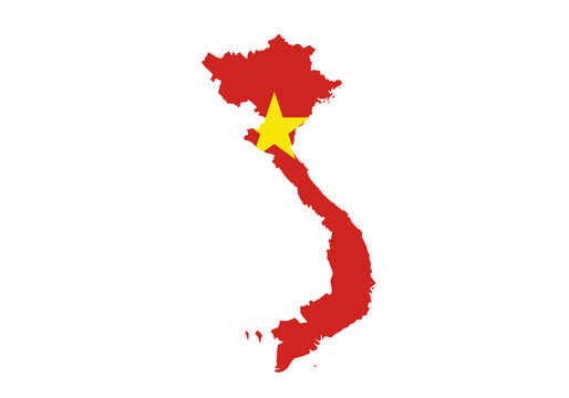 Red Vietnam map with a yellow star on a white background