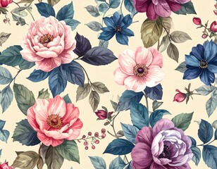 Vintage floral pattern with roses, anemone, and other blooms on a cream background