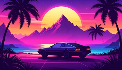 Retro sunset, car, mountains, palms