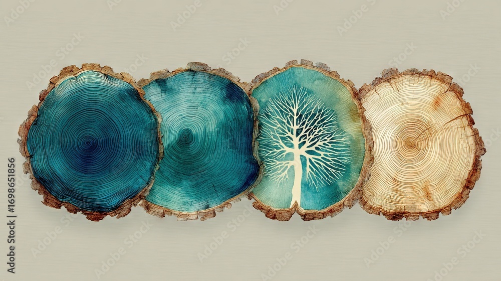 Poster a trio of wooden slabs featuring a central tree and a tree embedded in each slice