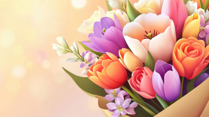 Soft Painted Style Detailed Floral Arrangement Bouquet of Blooming Spring Flowers