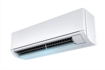 Modern white air conditioner unit blowing cool air, isolated on a white background