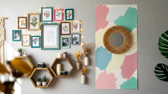 Cozy bohemian gallery wall arrangement with macrame, botanical art, photos, and decorative mirror.