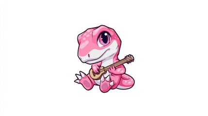 Cute pink dinosaur playing guitar