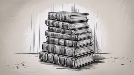 A black and white pencil sketch of a stack of books leaning to the right