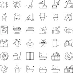 cleaning line icon set. Broom, Mop, Bucket, Vacuum Cleaner, Spray Bottle, Cleaning Cloth, Sponge