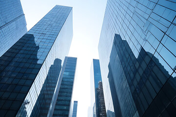 Low angle view of multiple tall glass skyscrapers with blue tinted windows reflecting the sky and other buildings