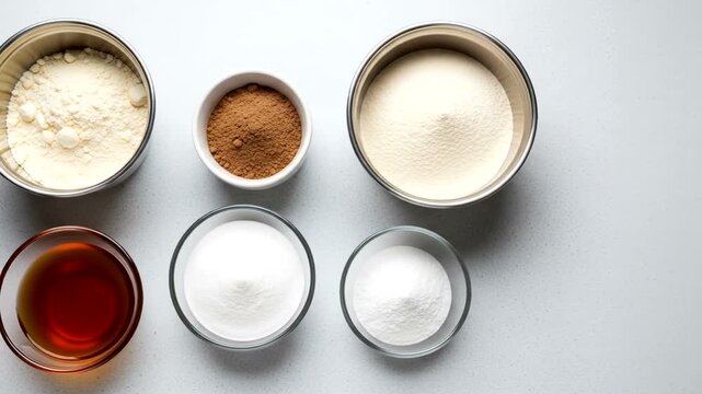 Culinary ingredients for baking and cooking, ready for preparation, showcasing flour, sugar, cocoa, and liquid components.