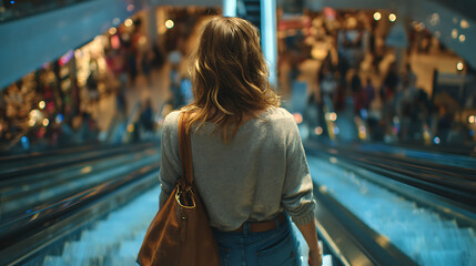 young female shopper rides escalator in shopping mall with fashion bags symbolizing lifestyle retail trends modern fashion consumer culture and advertisement conceptual design