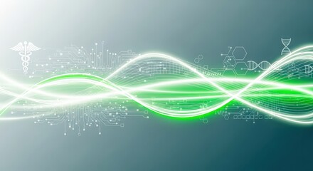 Medical caduceus symbol with digital circuit and dna on abstract background. Health care technology and science concept for innovation.