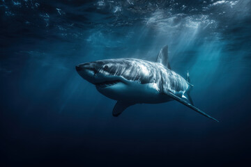 Fototapeta premium Great shark swimming underwater with sunlight filtering through ocean surface, powerful body and sharp teeth visible, marine predator moving through deep blue sea environment