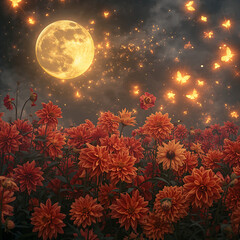 The image depicts a vibrant dahlia garden, filled with crimson and amber flowers, silver mist, sparkling lights, a golden moon, and luminous butterflies resembling stars.