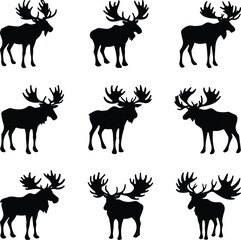 Silhouette vector illustration of moose in various standing poses, ideal for wildlife, forest animal, nature, hunting, and outdoor themes