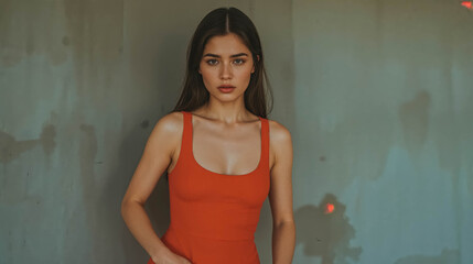 Fototapeta premium Portrait of a young woman in a red dress