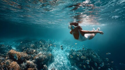Underwater exploration featuring a snorkeler swimming in vibrant coral reefs and marine life