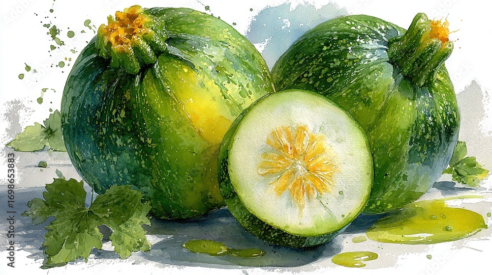 Aufkleber watercolor depiction of a cucumber split into two halves and encircled by greenery on a pristine can