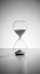 Elegant hourglass with white sand, symbolizing time, patience, and the fleeting nature of moments, set against a subtle gradient background creating a sense of tranquility .