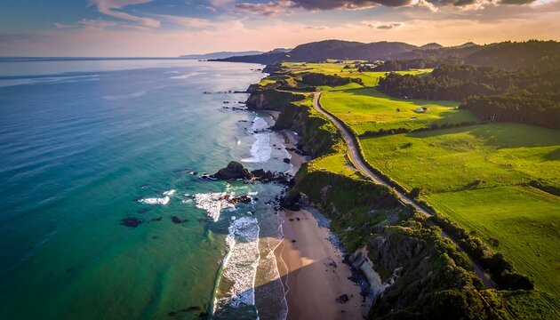 Coastal landscape with road winding along cliffs
