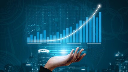 A hand is shown presenting a digital growth chart with a rising graph and data visualization. The backdrop features a modern business environment and technology elements. Copula