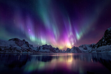 Northern lights displaying vibrant green and purple hues over snow covered mountain range reflecting in calm lake water under clear night sky with visible stars and distant peaks